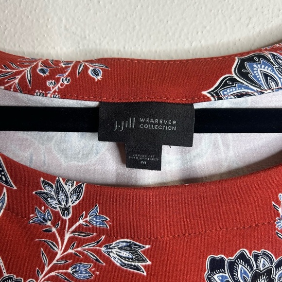 J. Jill Rust Red Blue Floral Dress Womens M Lightweight Pockets Casual Travel - Picture 3 of 8